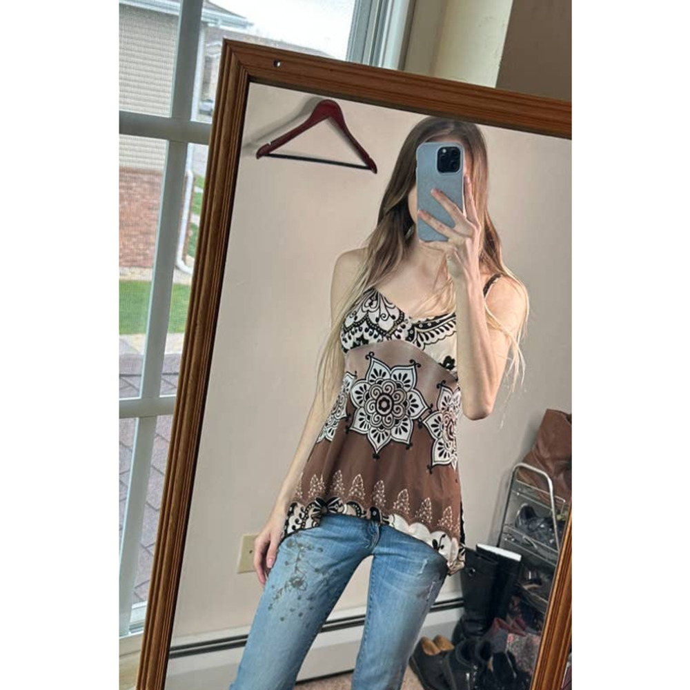 Vintage Y2K Herstory Floral Brown Flowy Fairy Tank Top Shirt